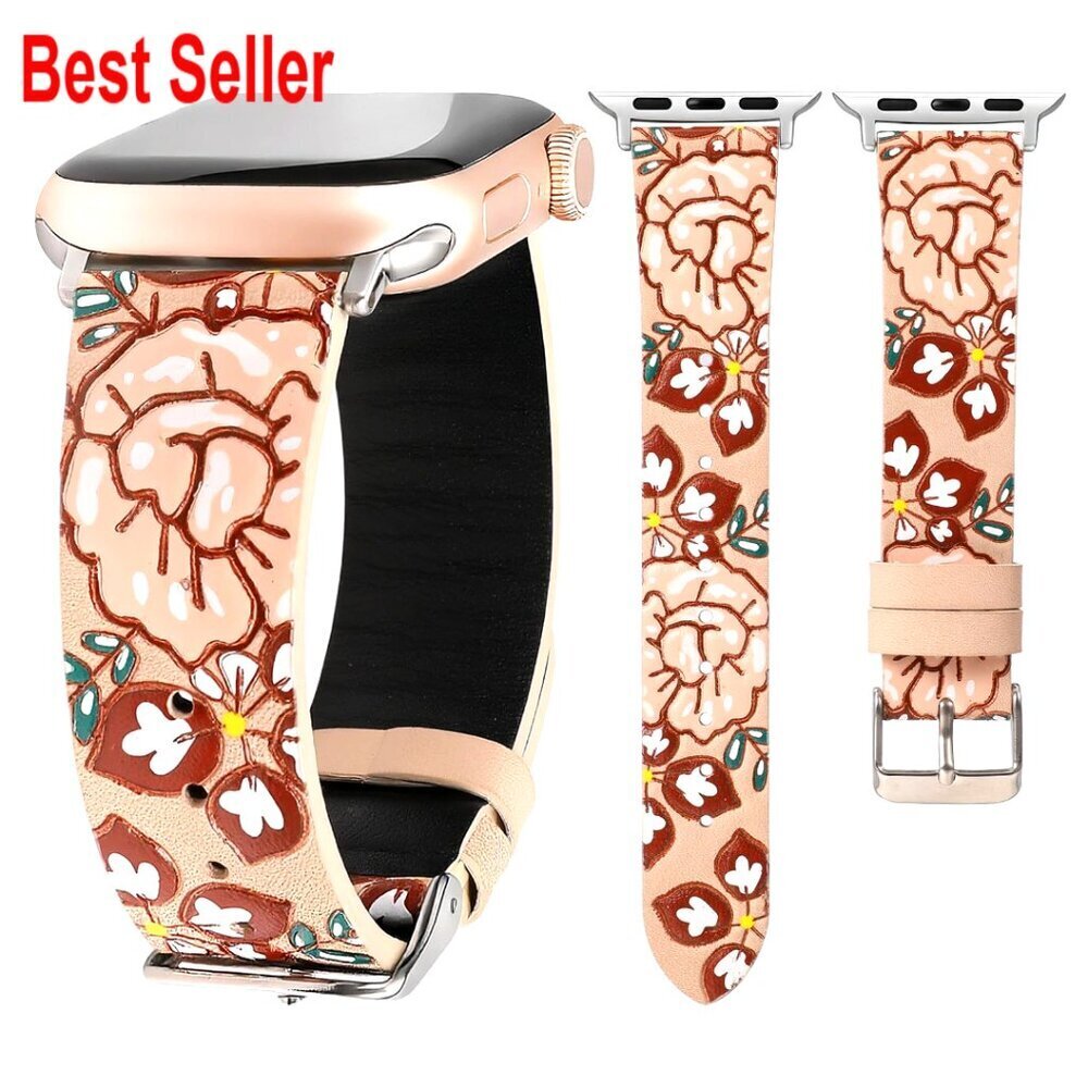Faux Leather Floral Apple Watch Band with Stainless Steel Connectors